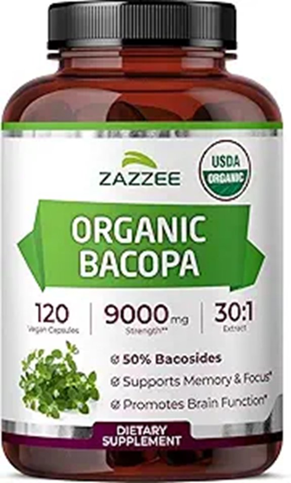 Zazzee USDA Organic Bacopa Extract 9000 mg Capsules